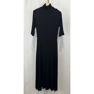 VINCE Elbow Sleeve Turtleneck Dress A-Line Long Maxi Stretch Knit Black Size S